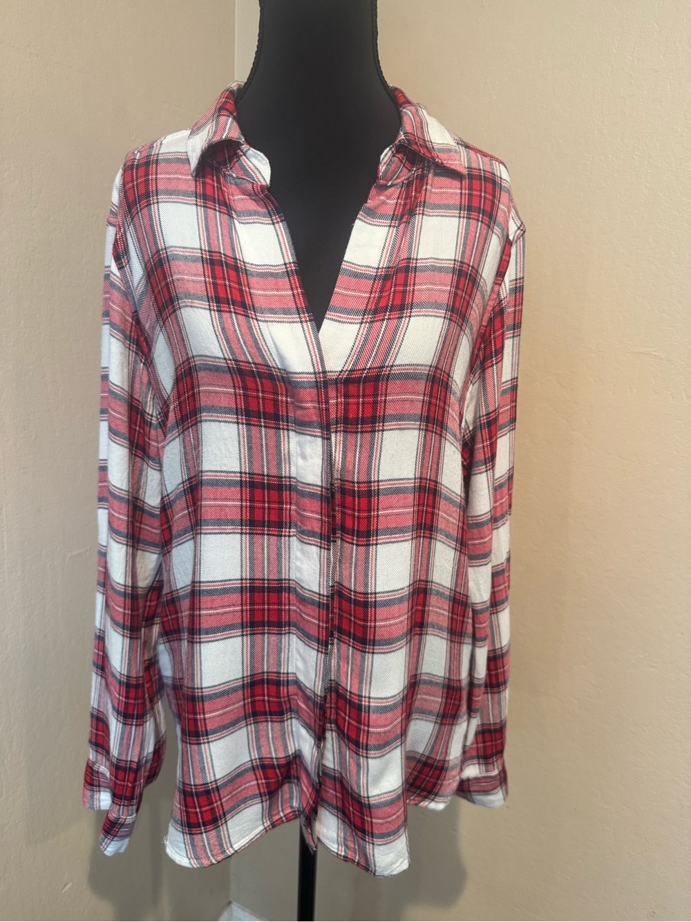 Red White and Navy Plaid Button-Front Shirt W/Zipper Back Detail